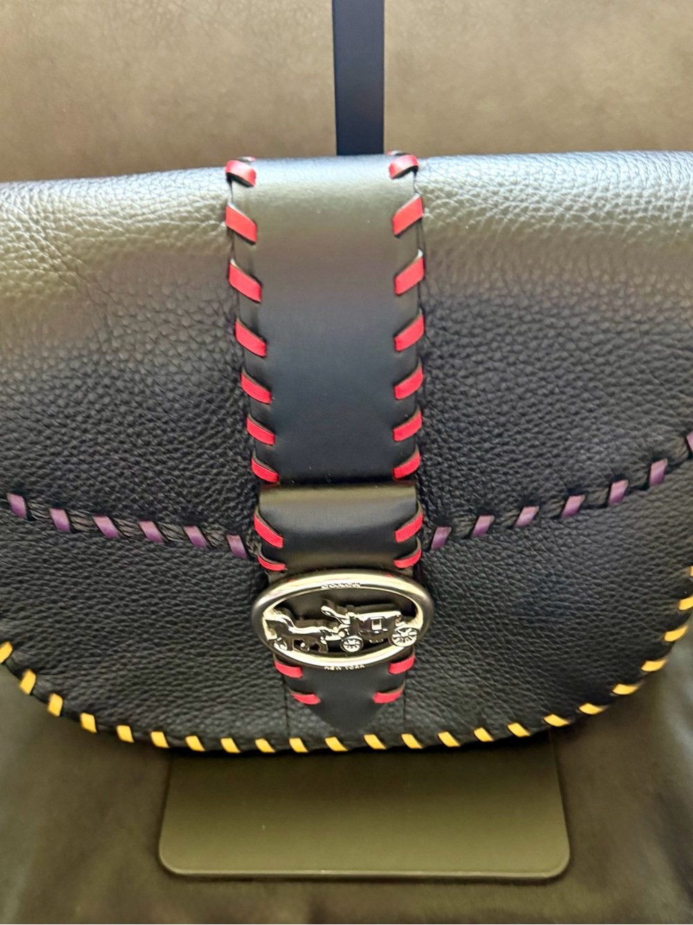 Coach Black Leather Crossbody with Pink, Yellow & Red Stitching